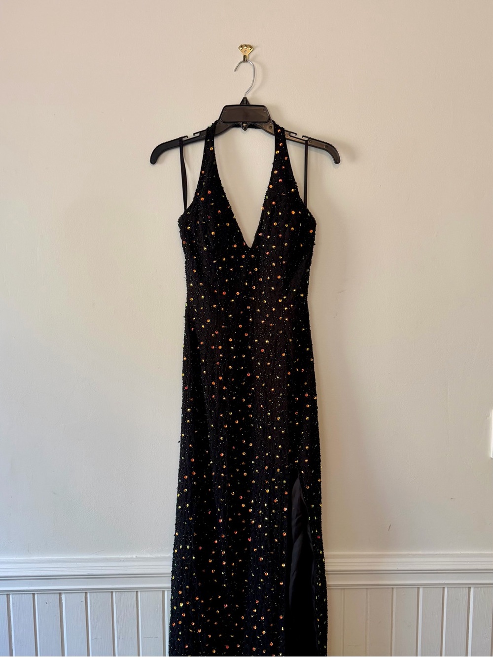 Vintage Y2K Riva Designs Black V-Neck Sequin Evening Dress